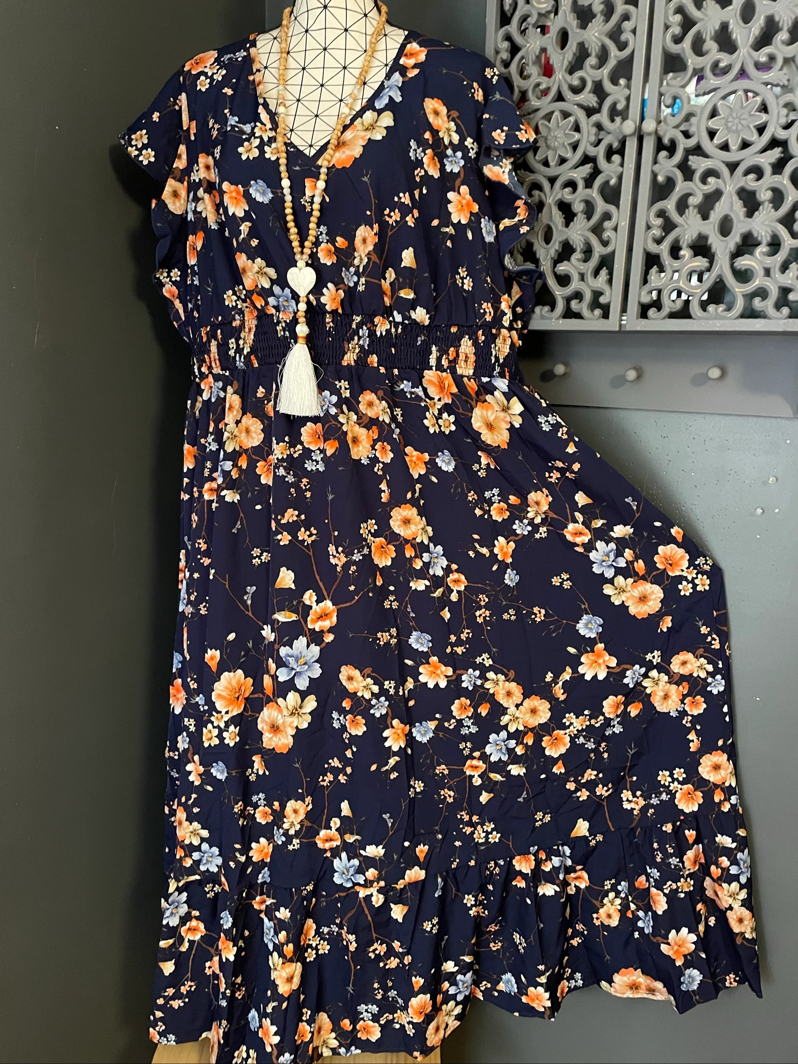 💖 lange marineblauwe bloemenjurk grote maat 54 vloeiende bohemien chic romantisch 💖 – photo 3